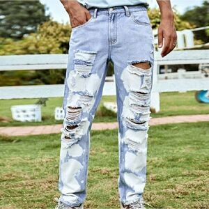 Men Washed Distressed Straight Leg Jeans